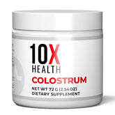10X Health bovine colostrum powder tub closeup for daily immune support