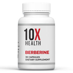 10X Health Berberine 500mg bottle close-up highlighting absorption.