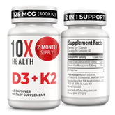 10X Health System D3K2 60 capsules bottle front for bone support.