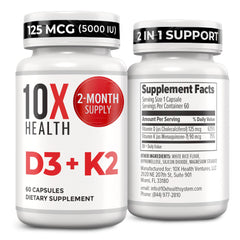10X Health System D3K2 60 capsules bottle front for bone support.