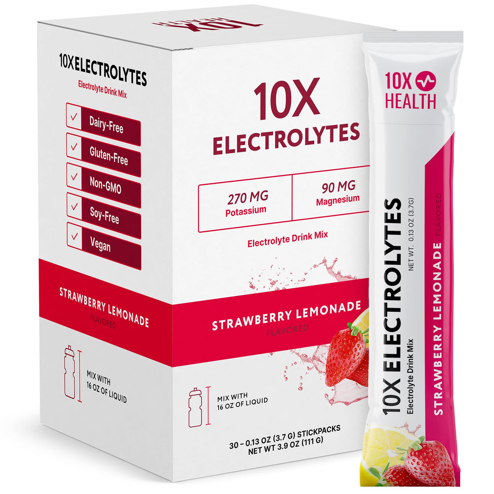 10X Health System electrolytes strawberry lemonade stickpack for on-the-go hydration and quick replenishment.