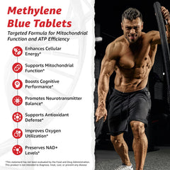 10X Health System Methylene Blue tablets pour showing quick intake and daytime energy support.