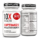 10X Health System Optimize Multivitamin bottle front showing 34‑in‑1 formula for daily support