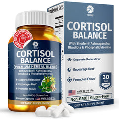 1 Body Cortisol Balance bottle label promotes calm energy without caffeine