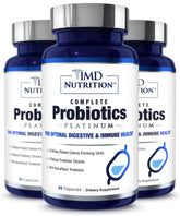 1MD Complete Probiotics Platinum bottle front promotes daily digestive balance