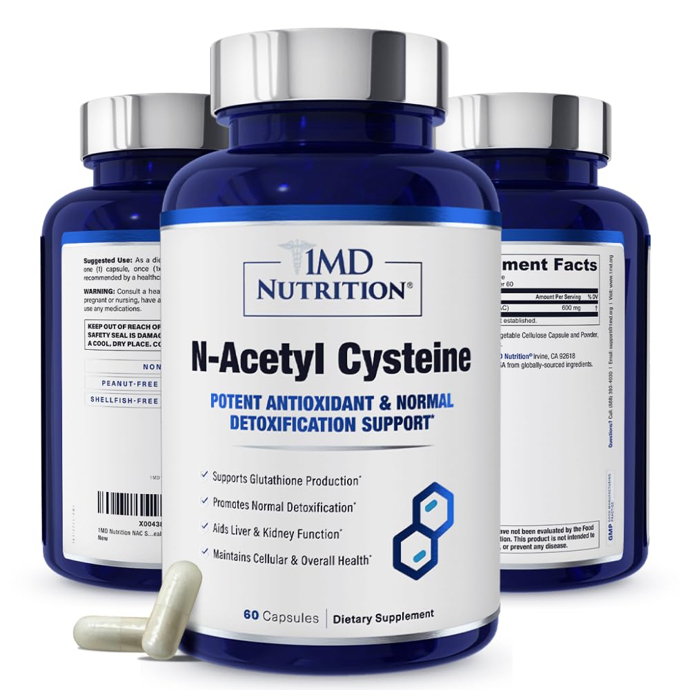 1MD NAC supplement bottle label highlights antioxidant support and glutathione production.