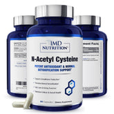 1MD NAC supplement bottle label highlights antioxidant support and glutathione production.