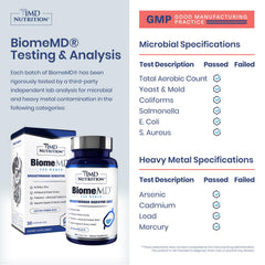 BiomeMD Probiotics capsules close-up showing easy-to-take daily capsules for gut balance.
