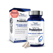 1MD Nutrition Complete Probiotics Platinum bottle front promotes daily digestive balance.