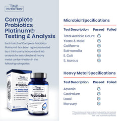1MD Nutrition Complete Probiotics Platinum bottle open shows capsules for gut health.