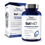 1MD GutMD bottle front label on a clean counter promotes gut health support and easy dosing.