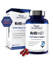 1MD KrillMD bottle on shelf highlighting Antarctic krill oil for daily omega-3 support.