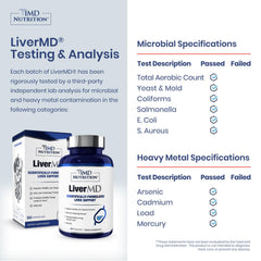 1MD Nutrition LiverMD bottle label displays ingredients and dosage for informed use
