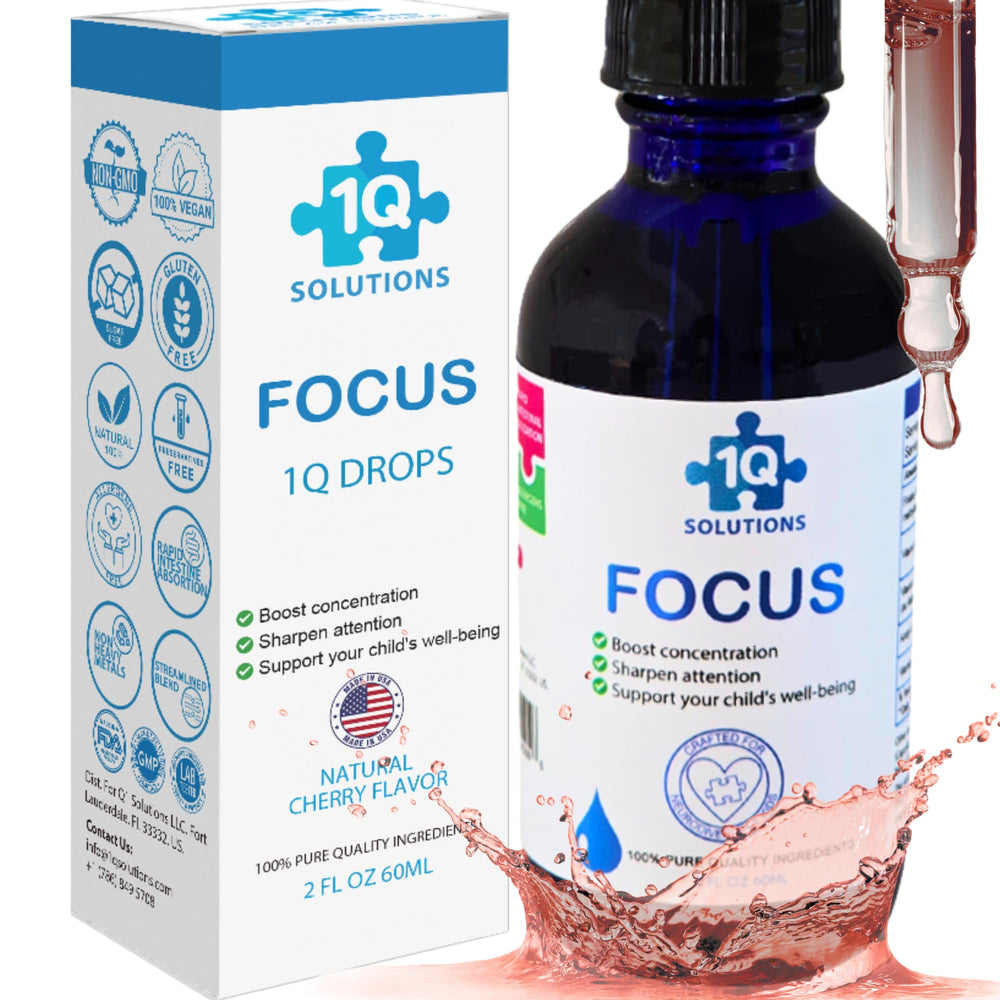 1Q Focus bottle with dropper shows easy, mess-free dosing for kids