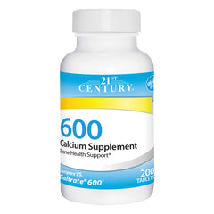 21st Century Calcium supplement bottle front view showing 600 mg per serving for bone support