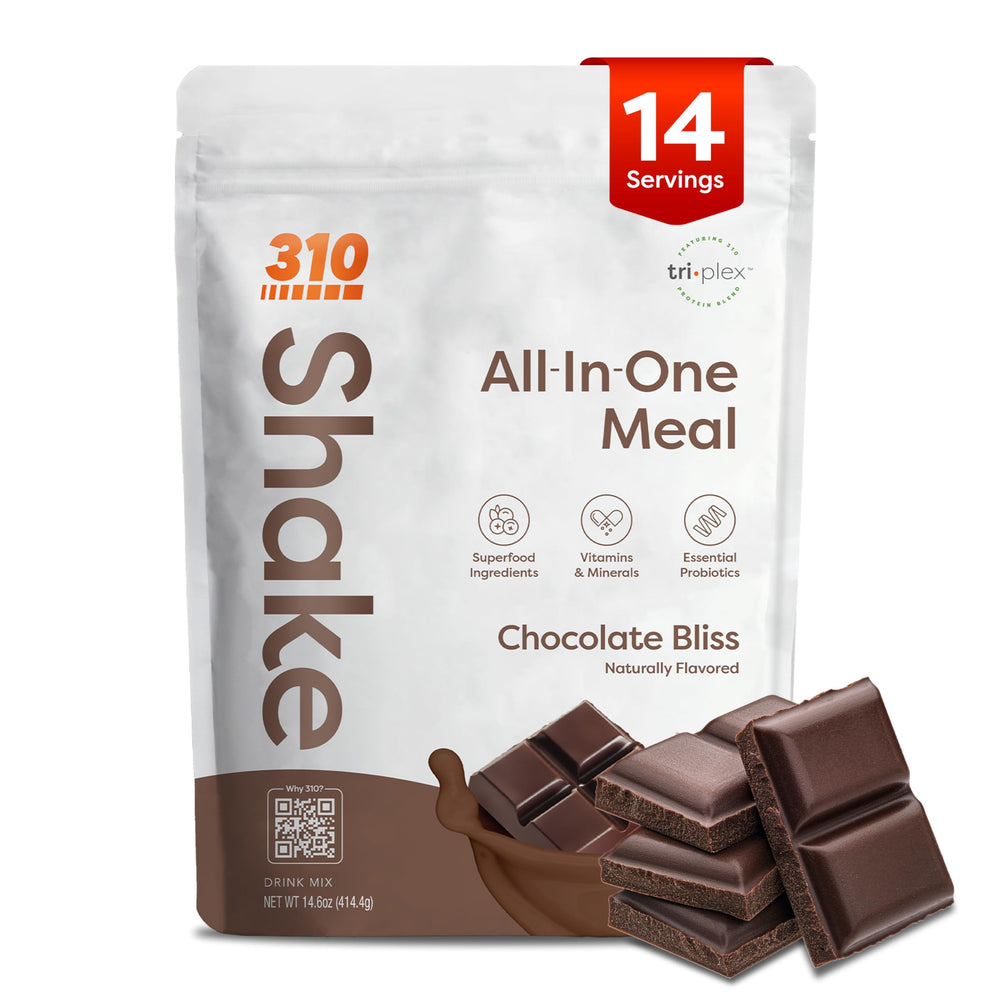 310 Nutrition All-In-One Chocolate Bliss package shows convenient meal replacement for busy mornings.