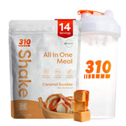 310 Nutrition caramel sundae shake in glass, ideal for quick meal replacement.