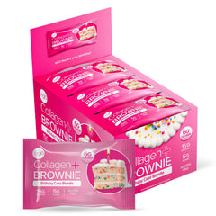 321glo Collagen Protein Brownie gluten-free label front emphasizes sugar-conscious dessert.