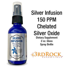 3rd Rock Essentials Silver Infusion label close-up showing 150 PPM concentration for daily use