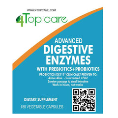 4 TOP CARE H4U Digestive Enzymes probiotics and prebiotics label demonstrates 3-in-1 formula