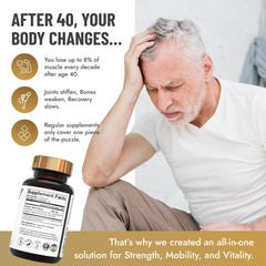 Close-up of 40+ Muscle Bone Joint Advanced Support capsules showing supplement texture