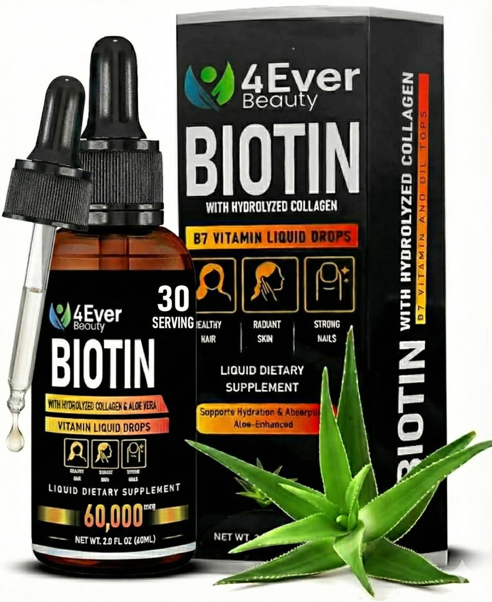 4Ever Beauty liquid biotin collagen drops bottle pour supports easy daily use for hair and nails.