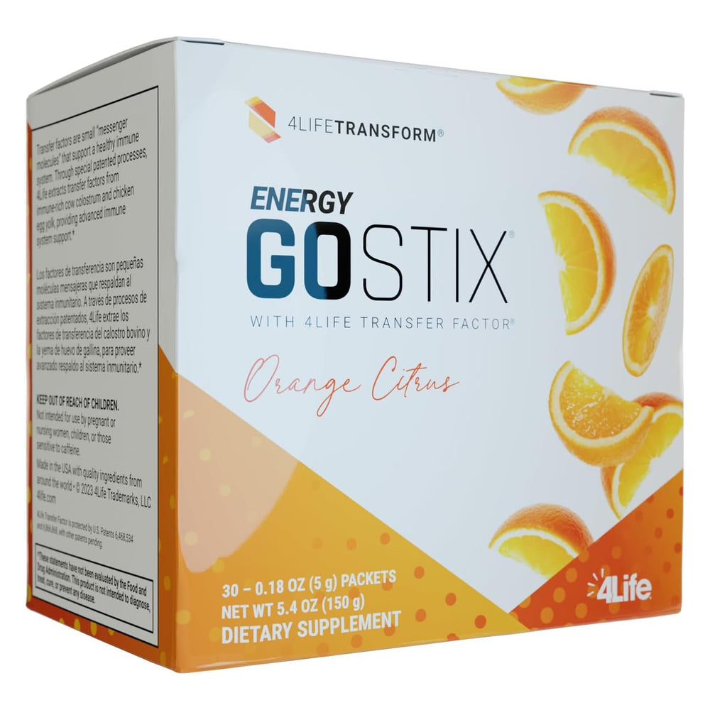 4Life Energy Go Stix orange citrus packets provide a quick energy boost.