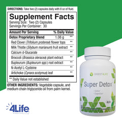 4Life Super Detox bottle back label shows ingredients list and dosage guidance.