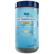 4Life Transfer Factor chewable bottle shows citrus cream flavor and potential immune support