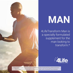4Life Transform Man vitamin D3 tablet highlights immune and energy nutrients.