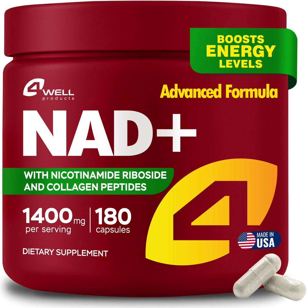 4Well NMNH supplement bottle front displaying label and premium NAD blend for daily vitality.