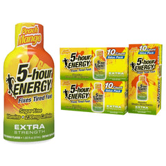 5-hour ENERGY Peach Mango bottle on display highlighting zero sugar and zero calories