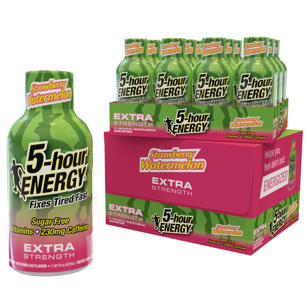 5-hour ENERGY extra strength shot bottle offering zero sugar energy for busy days