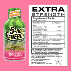 5-hour ENERGY strawberry watermelon shot label highlighting caffeine boost and on-the-go use