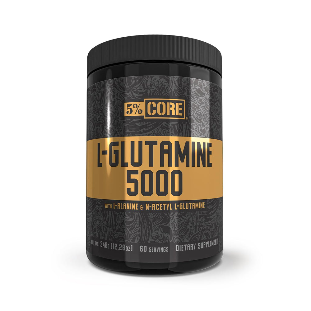 5% Nutrition Core L-Glutamine bottle closeup supports post-workout recovery and immune health