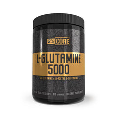 5% Nutrition Core L-Glutamine bottle closeup supports post-workout recovery and immune health