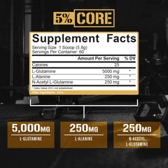 5% Nutrition Core L-Glutamine ingredients label highlights acetylated glutamine and L-Alanine