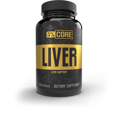 5% Nutrition Core Liver Support bottle closeup shows NAC, milk thistle, and glutathione for training support.