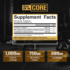 5% Nutrition Core Liver Support label closeup emphasizes a well-tested formula for reliability.