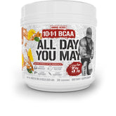 5% Nutrition Rich Piana AllDayYouMay BCAA powder bottle displaying flavor-packed intra-workout formula