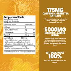 6AM Run Marathon tub label close-up emphasizing BCAAs and amino acids.