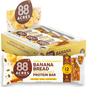 88 Acres banana bread plant-based bar packaging shown, gluten-free and school-safe.