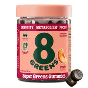 8Greens Supergreens Gummies bottle close-up highlighting peach flavor and daily nutrition.