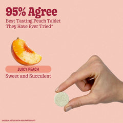 Close-up of 8Greens peach-flavored tablets for a tasty daily sip