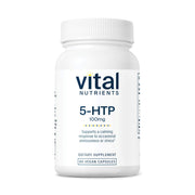Vital Nutrients 5-HTP bottle on nightstand for calm evenings