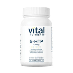 Vital Nutrients 5-HTP bottle on nightstand for calm evenings