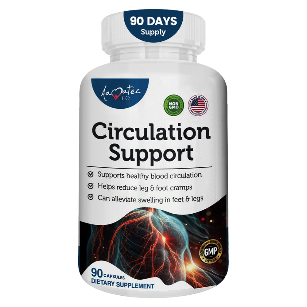 AAMATEC LIFE bottle showing blood circulation support capsules for daily wellness.
