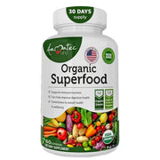 AAMATEC LIFE bottle front view showing organic greens and fruits for daily nutrition