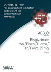 ABBLO Iron Bisglycinate tablet close-up showing small, easy-to-swallow design.