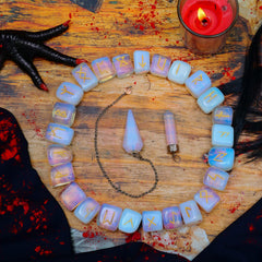 ABHISUBYA Elder Futhark engraved runes on Opalite for clear symbolism